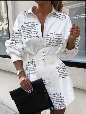 White Script-Print Women’s Button-Up Shirt Dress